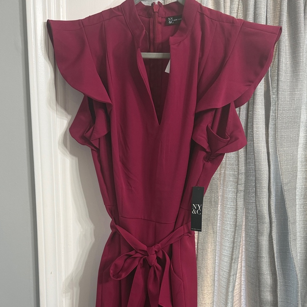New York & Company Wine Ruffle Sleeve Jumpsuit